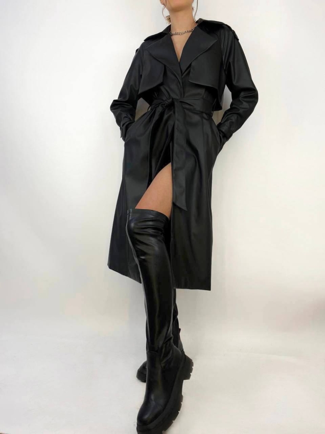 Женский кожаный тренч, плащ демисезон